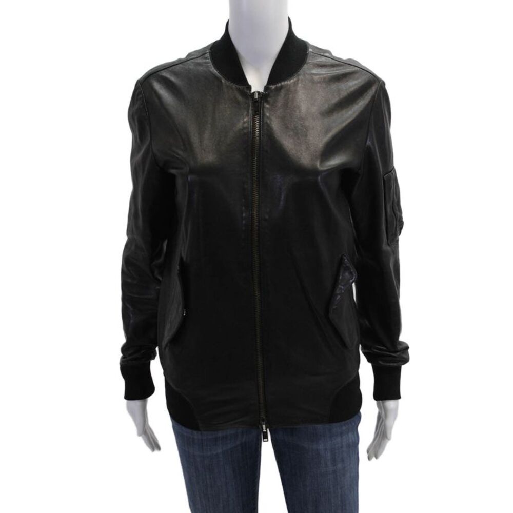 MM6 Maison Margiela Unisex Black Leather Bomber Jacket Zip Size 40